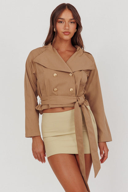 Envision Crop Waist Tie Jacket Tan