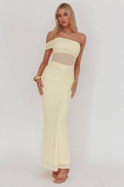 Gala One-Shoulder Sheer Waist Maxi Dress Yellow