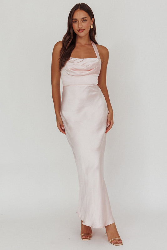 Fair Play Gathered Bust Halter Maxi Dress Pink