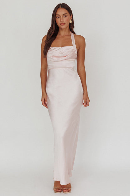 Fair Play Gathered Bust Halter Maxi Dress Pink