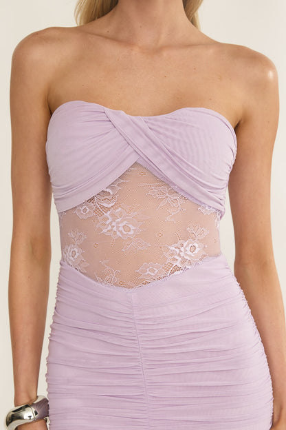 Sade Strapless Sheer Panel Ruched Maxi Dress Lilac