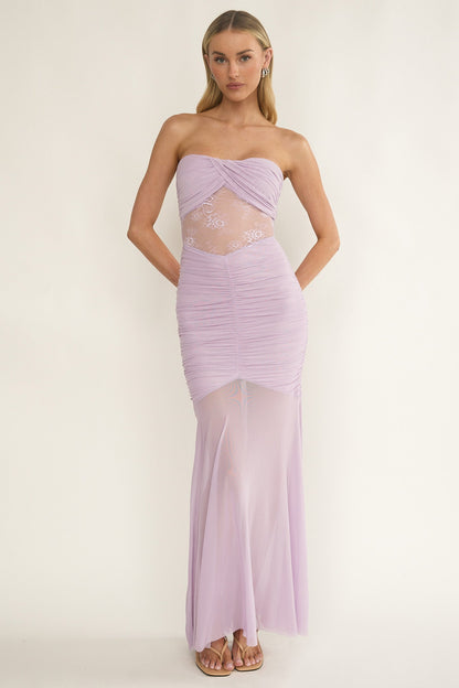 Sade Strapless Sheer Panel Ruched Maxi Dress Lilac