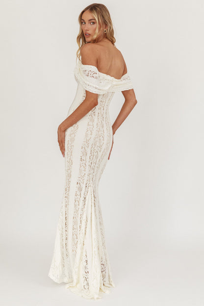 Enigma Off-Shoulder Maxi Dress Lace Cream