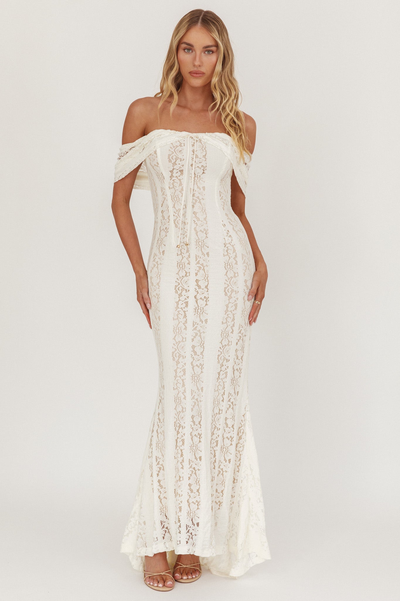 Enigma Off-Shoulder Maxi Dress Lace Cream