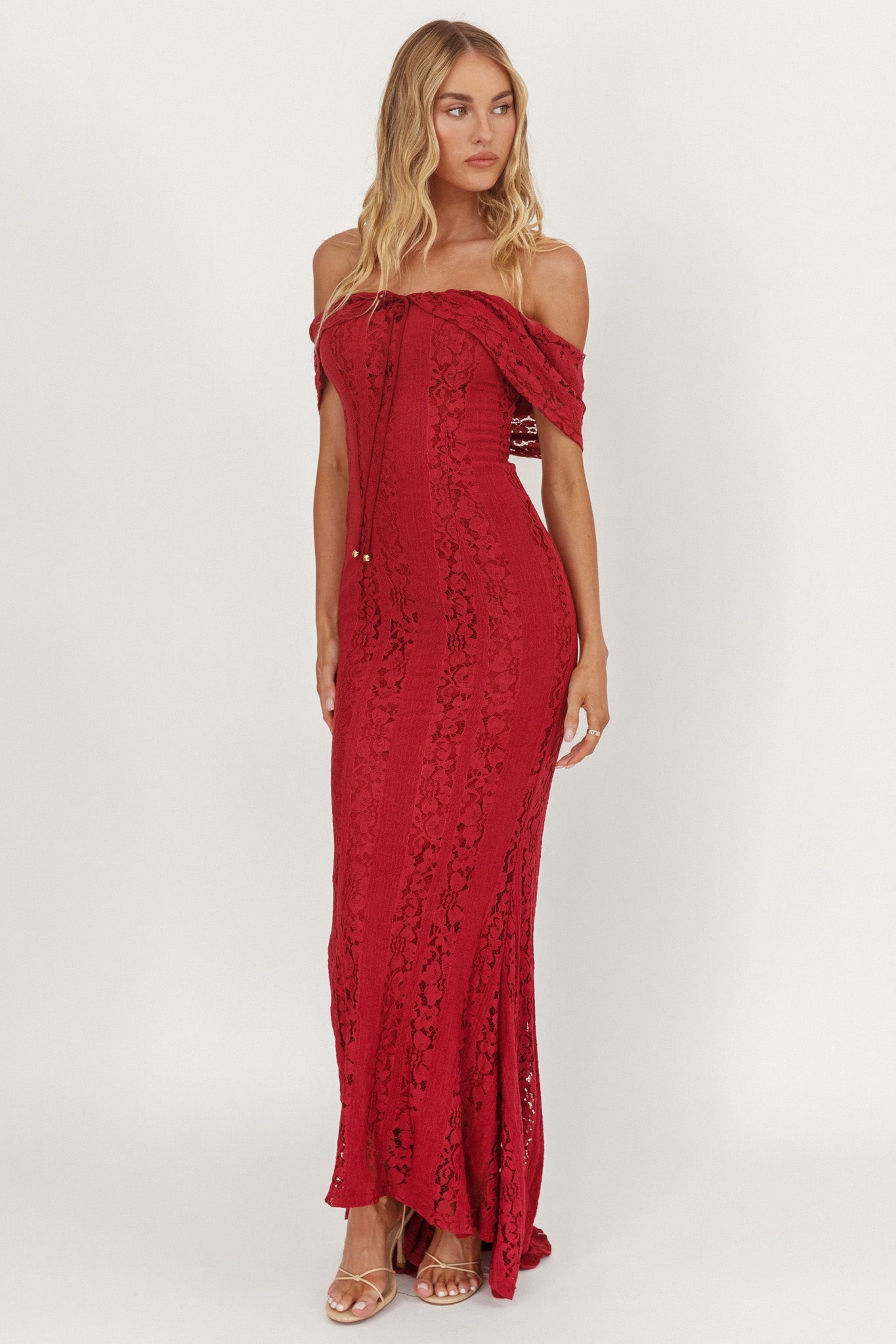 Enigma Off-Shoulder Maxi Dress Lace Wine