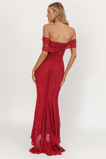 Enigma Off-Shoulder Maxi Dress Lace Wine