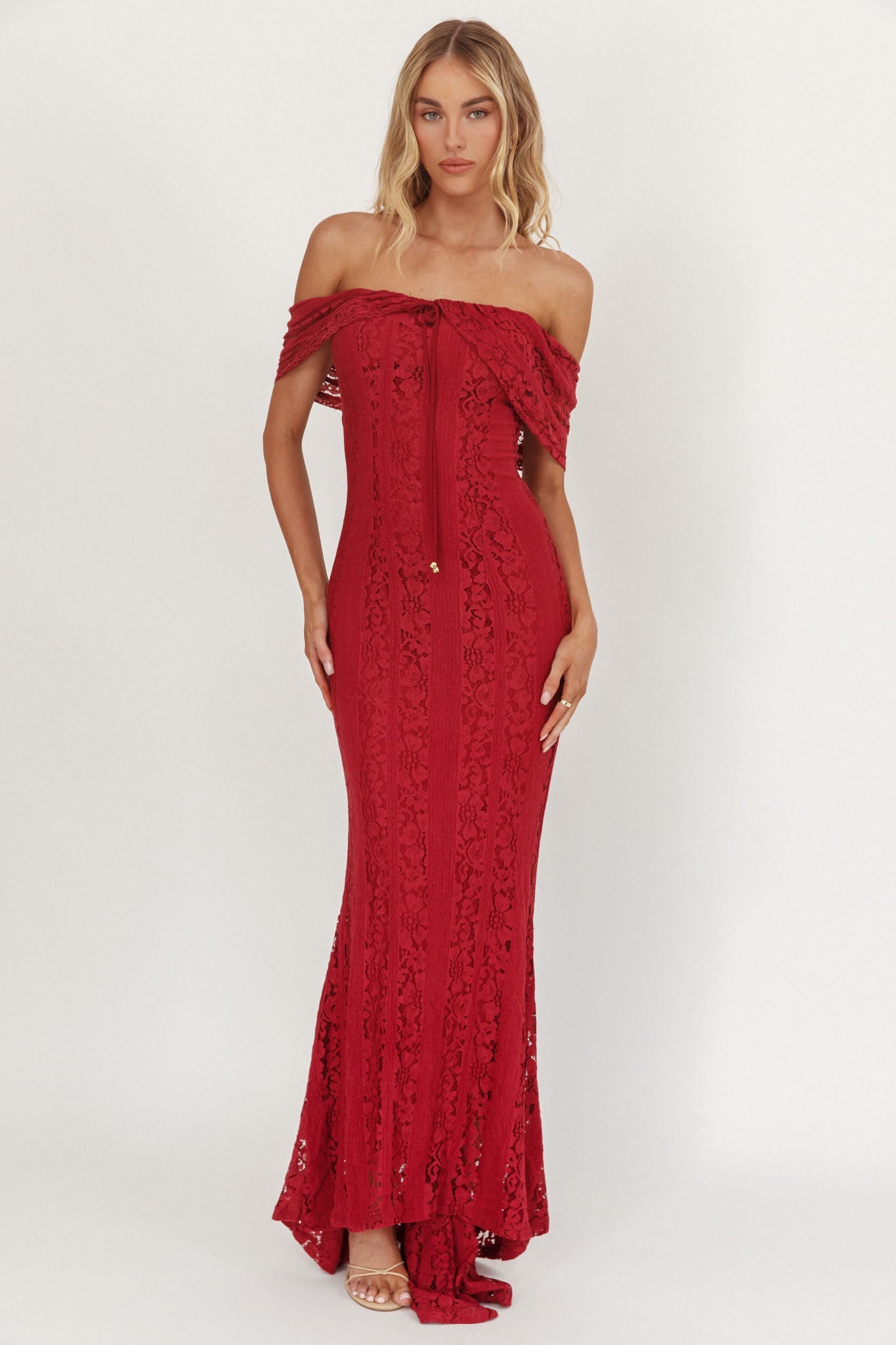 Enigma Off-Shoulder Maxi Dress Lace Wine