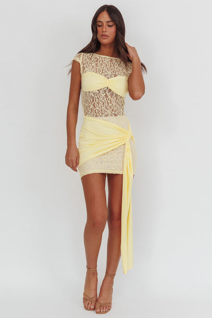 Baie Hip Sash Lace Overlay Mini Dress Lemon