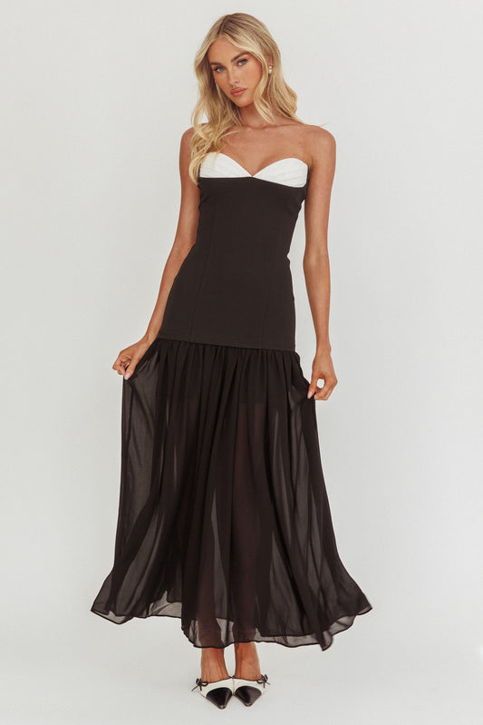 Unspoken Sweetheart Neckline Sheer Hem Maxi Dress Black