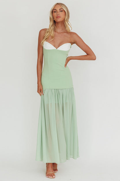 Unspoken Sweetheart Neckline Sheer Hem Maxi Dress Sage