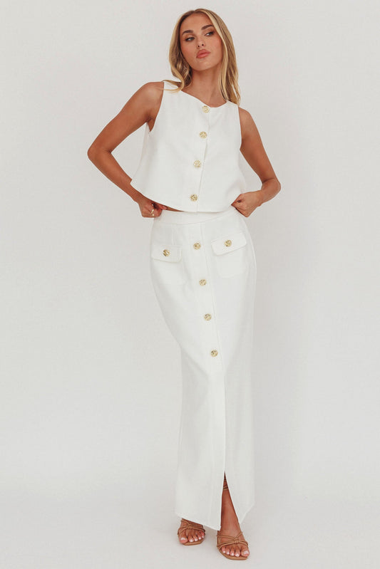 Bondi Sunset Faux Button Placket Maxi Skirt White