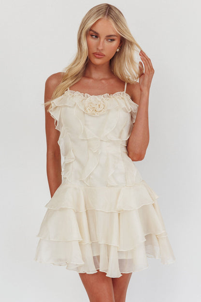 Sweetest Things Frill Trim Rosette Mini Dress Cream