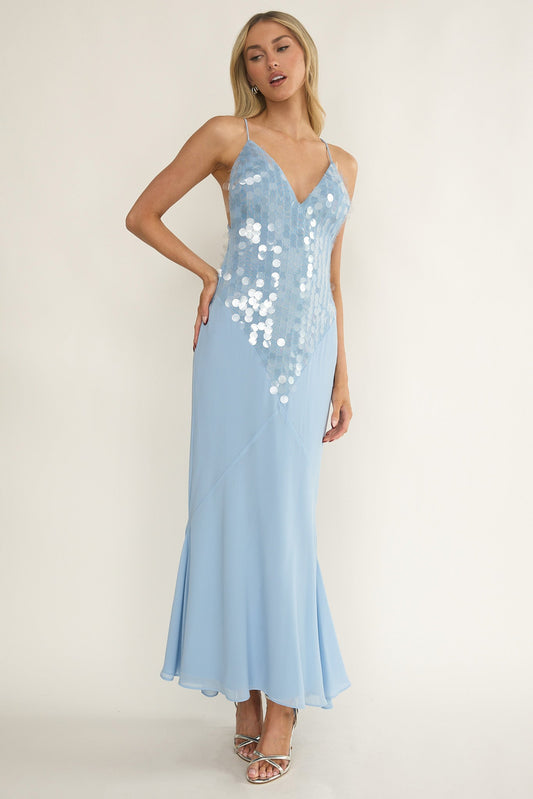 Meranda V-Neck Criss-Cross Maxi Dress Sequin Blue