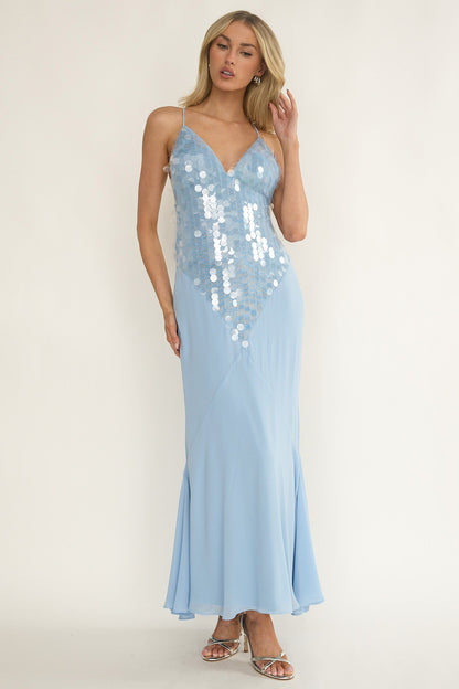 Meranda V-Neck Criss-Cross Maxi Dress Sequin Blue