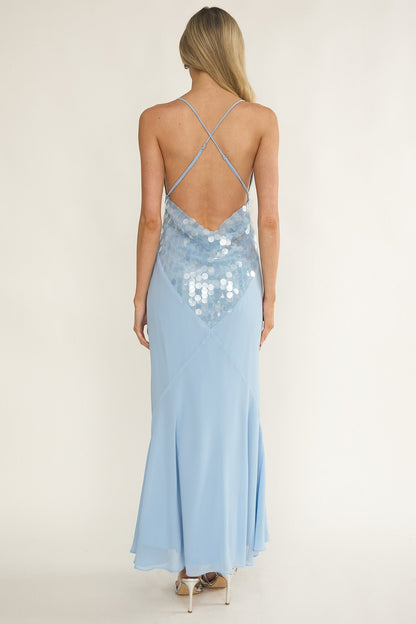 Meranda V-Neck Criss-Cross Maxi Dress Sequin Blue