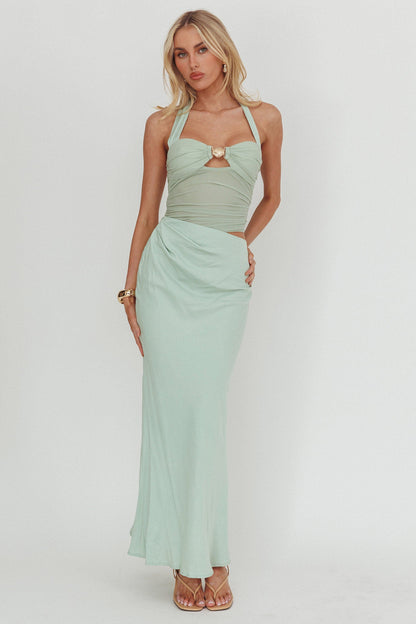 Sandy Shell Buckle Halter Maxi Dress Sage