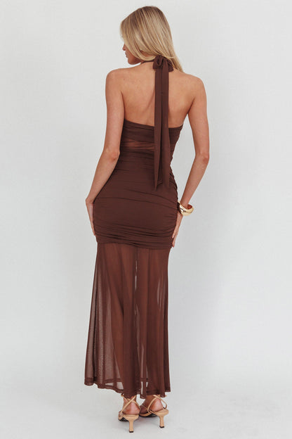 Rayah Sheer Insert Ruched Maxi Dress Chocolate