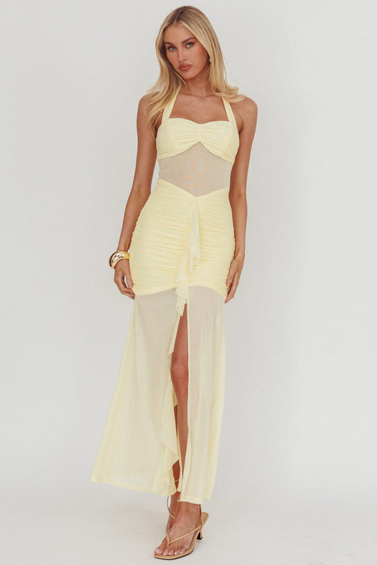 Rayah Sheer Insert Ruched Maxi Dress Yellow