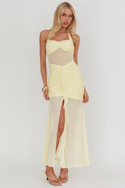 Rayah Sheer Insert Ruched Maxi Dress Yellow
