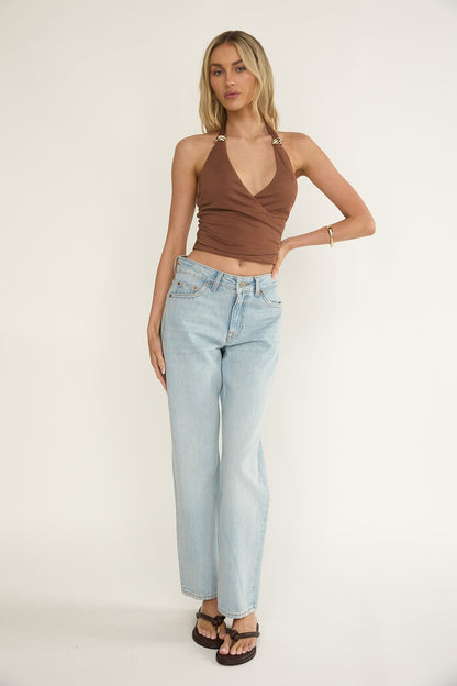 Zima Gold Accent Surplice Neckline Halter Top Chocolate