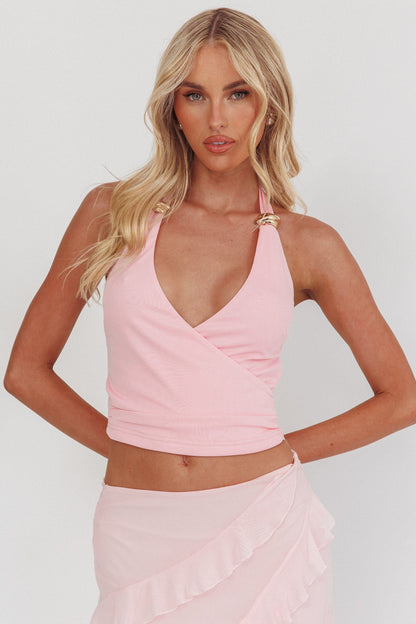 Zima Gold Accent Surplice Neckline Halter Top Pink