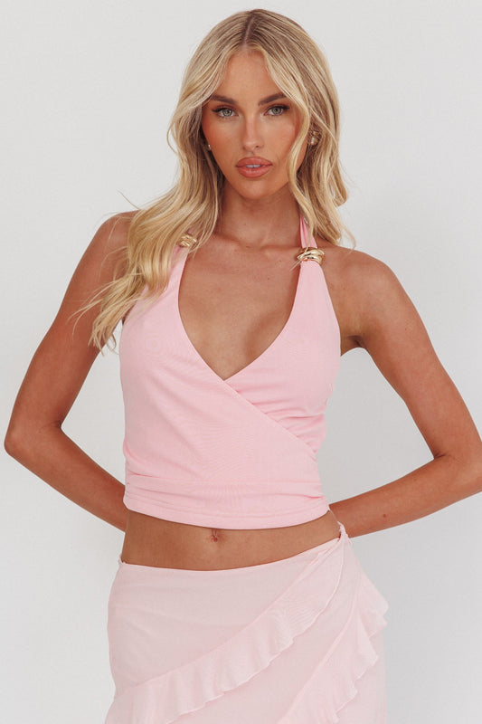 Zima Gold Accent Surplice Neckline Halter Top Pink