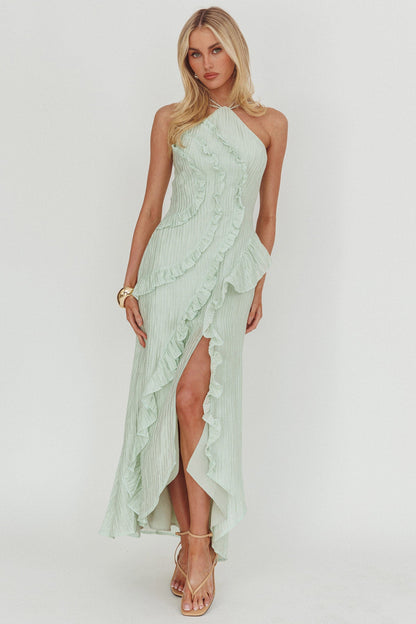 Nerisse Textured Frill Halter Maxi Dress Sage