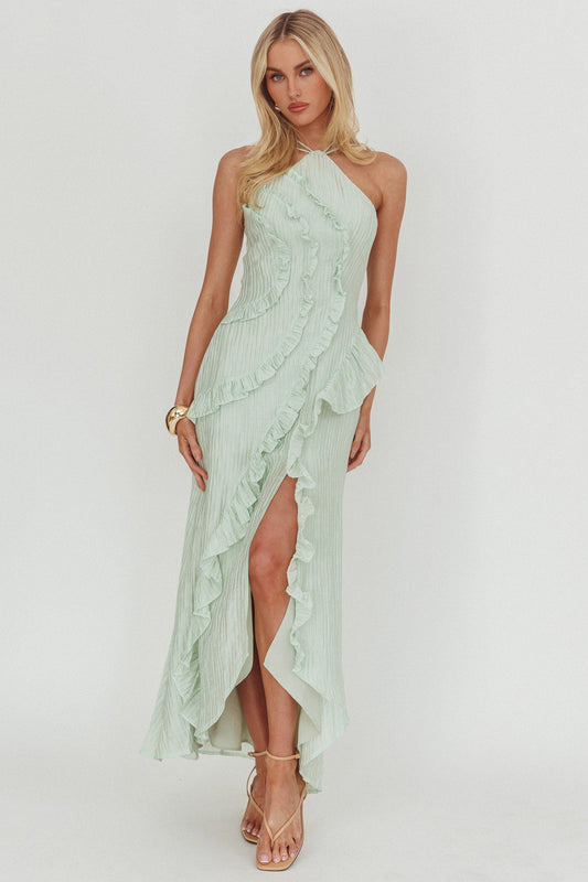 Nerisse Textured Frill Halter Maxi Dress Sage