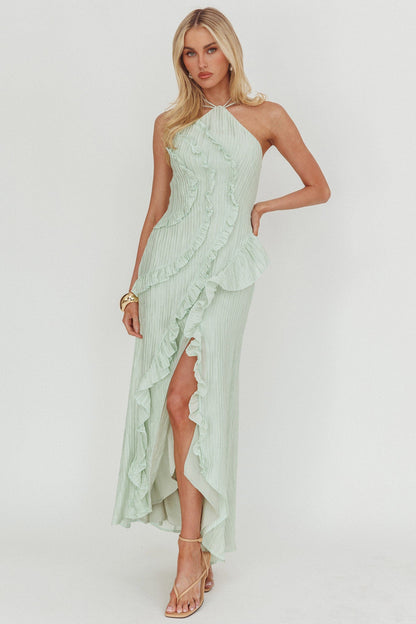 Nerisse Textured Frill Halter Maxi Dress Sage