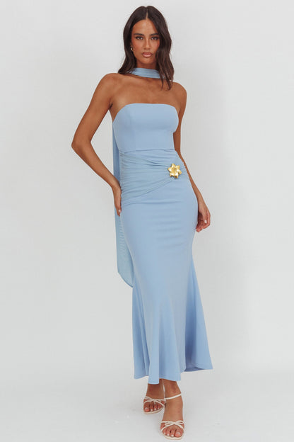 Jeramia Strapless Brooch Maxi Dress Blue