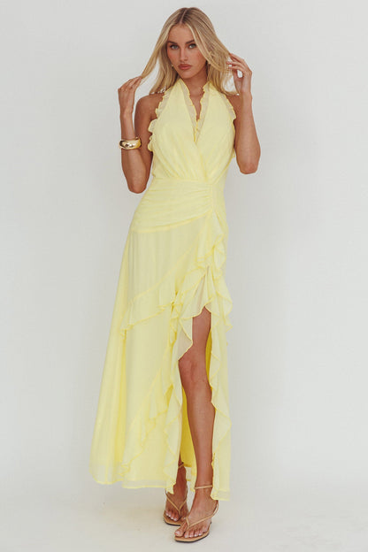 Enticing Halterneck Frill Maxi Dress Yellow