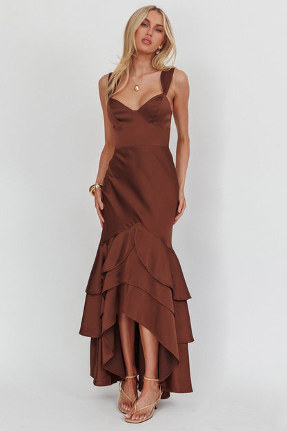 Baylin Layered Mermaid Hem Maxi Dress Coffee