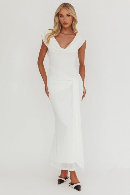 Virgo Season Draped Shoulder Maxi Dress White