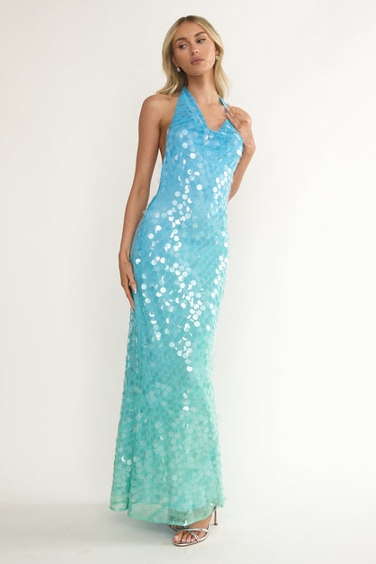 Kirralee Asymmetric Halterneck Sequin Maxi Dress Blue Multi