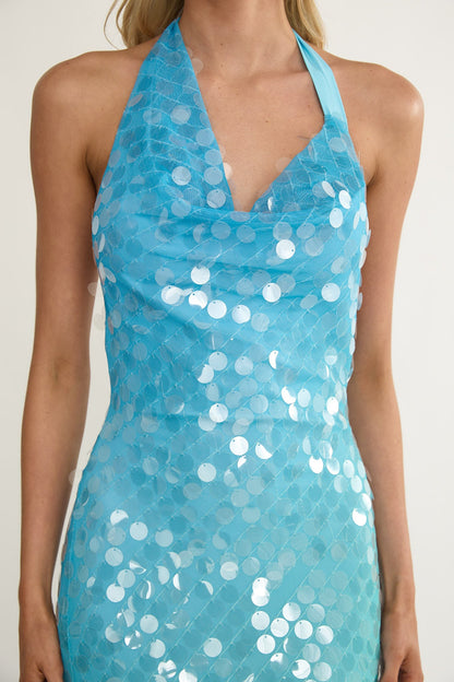 Kirralee Asymmetric Halterneck Sequin Maxi Dress Blue Multi