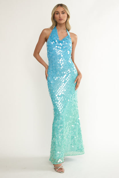 Kirralee Asymmetric Halterneck Sequin Maxi Dress Blue Multi