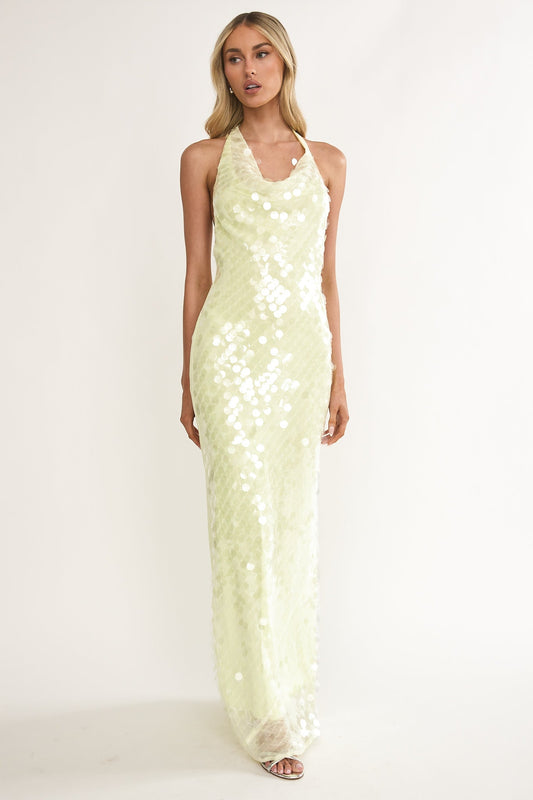 Kirralee Asymmetric Halterneck Sequin Maxi Dress Butter