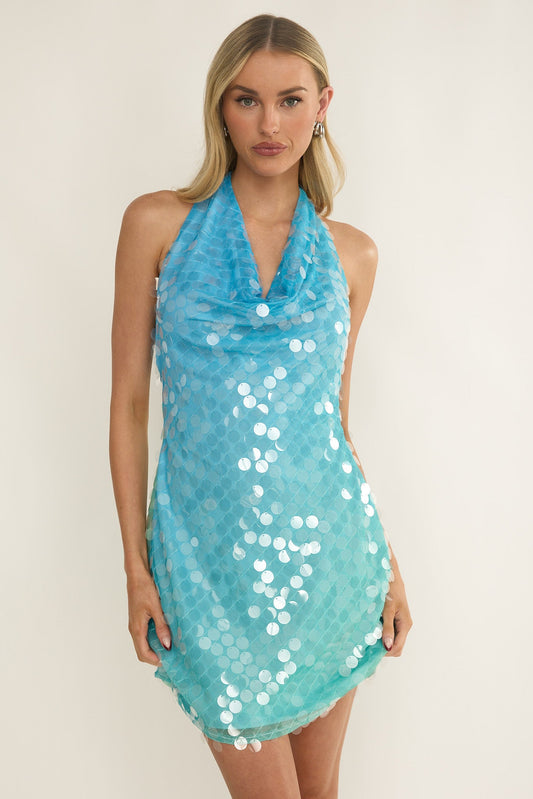 Misky Cowl Neck Sequin Mini Dress Blue Multi