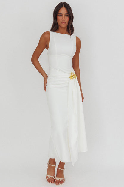 Zimora Gold Buckle Waist Drape Maxi Dress White