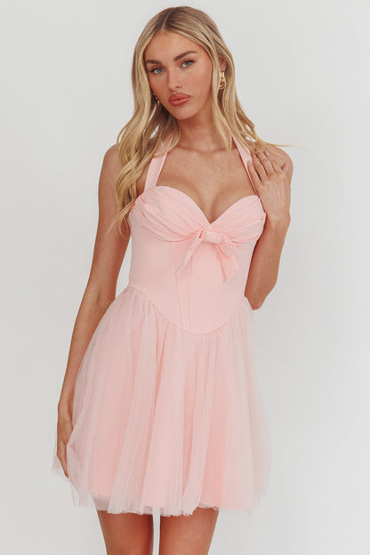 Princessa Sweetheart Neckline Halter Mini Dress Pink