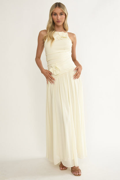 Brighten Drop Waist Flower Accent Maxi Dress Butter