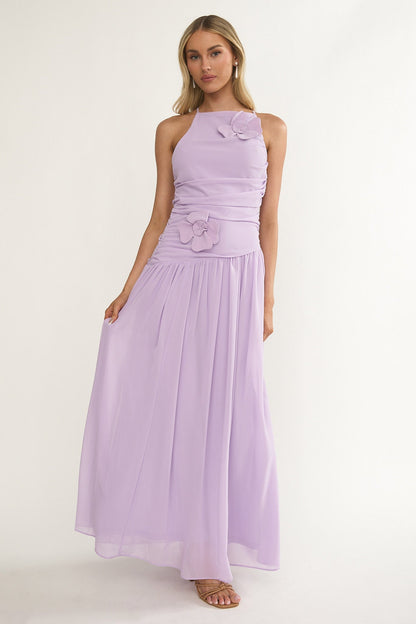 Brighten Drop Waist Flower Accent Maxi Dress Lilac