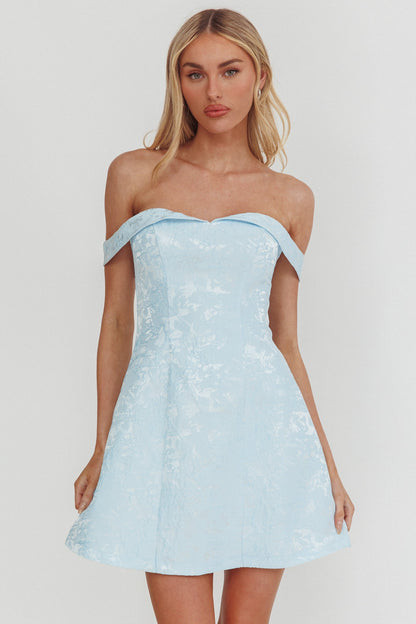 Mikado Off-Shoulder Foldover Mini Dress Jacquard Blue