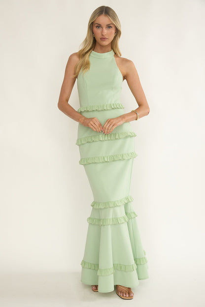Haze Frill Trim Halterneck Maxi Dress Sage