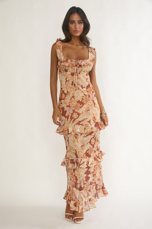Dorise Tied Back Ruffle Maxi Dress Floral Yellow