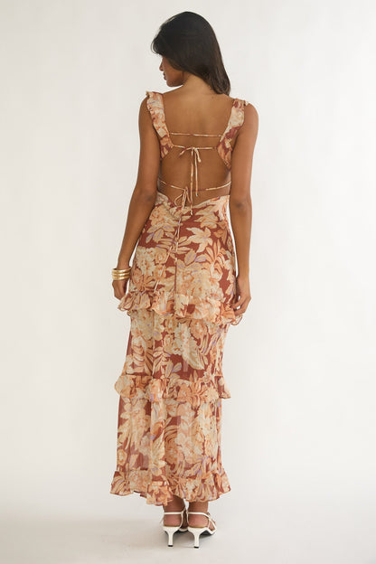 Dorise Tied Back Ruffle Maxi Dress Floral Yellow