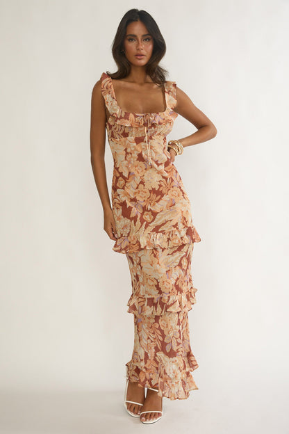 Dorise Tied Back Ruffle Maxi Dress Floral Yellow