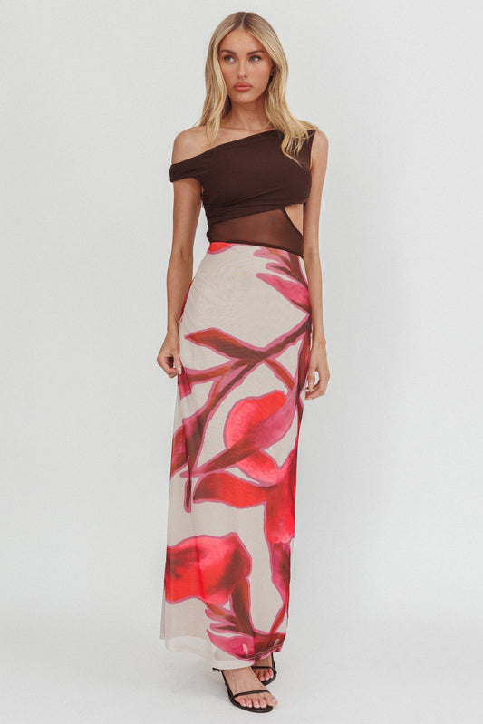 In Blooms Mesh Bodice Maxi Dress Print Chocolate