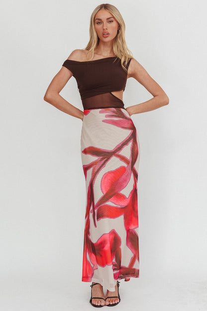 In Blooms Mesh Bodice Maxi Dress Print Chocolate