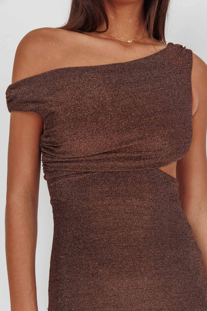 In Blooms Asymmetric Neckline Maxi Dress Shimmer Chocolate